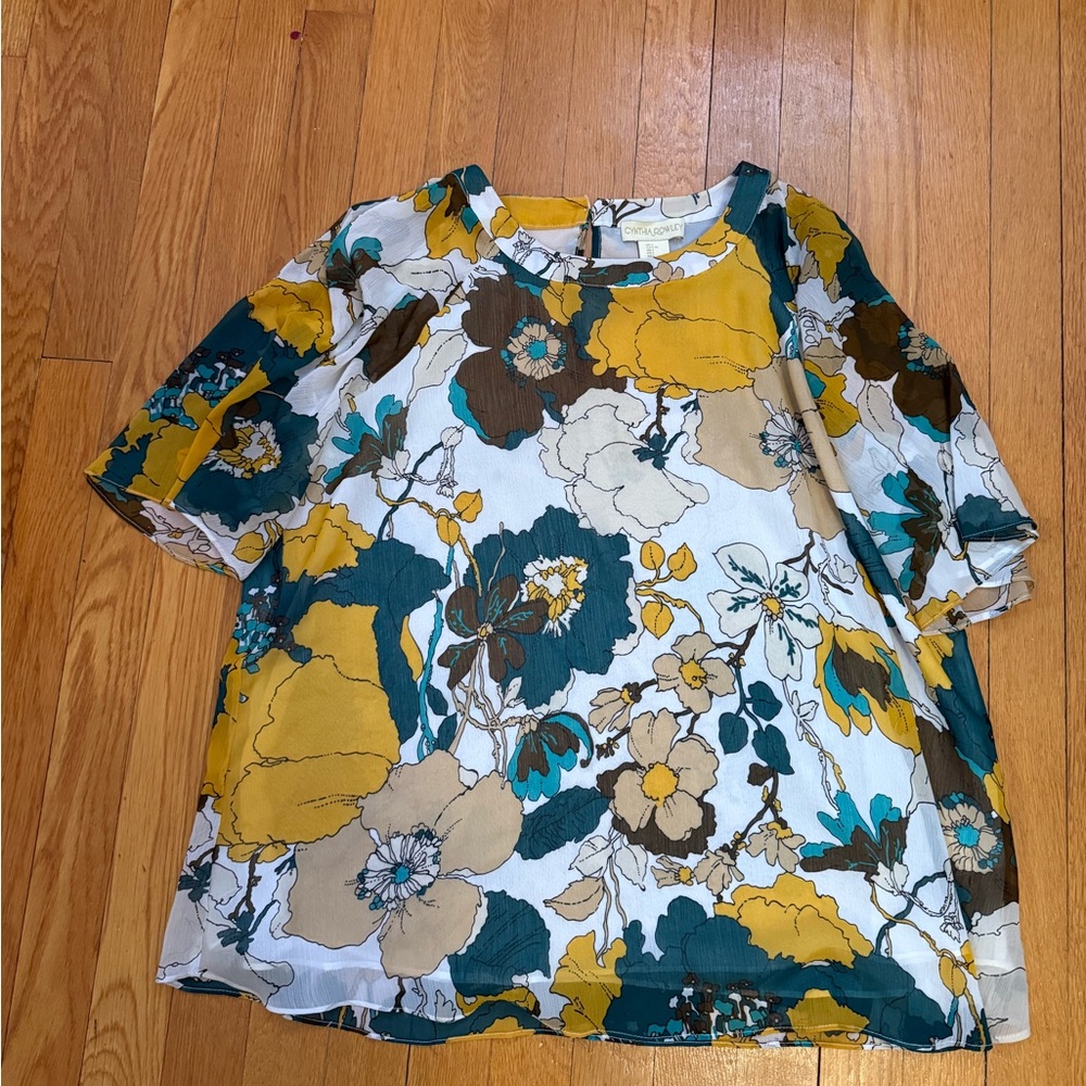 Cynthia Rowley Floral Blouse - Yellow, Teal, Brown